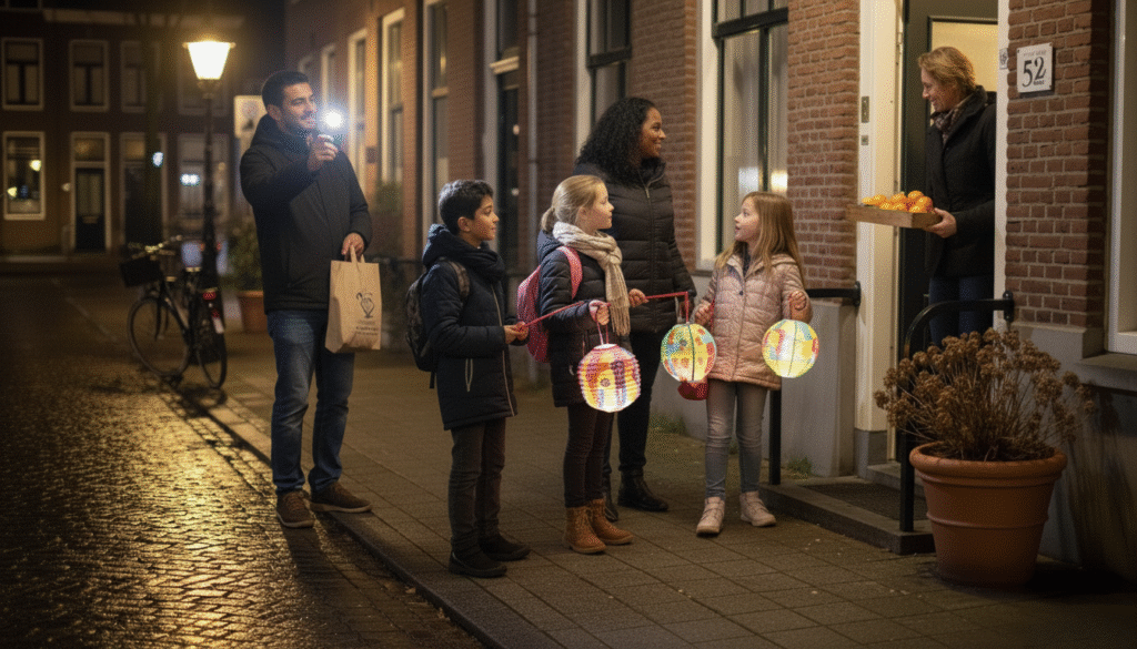 Ouders met kinderen voor deur tijdens Sint Maarten